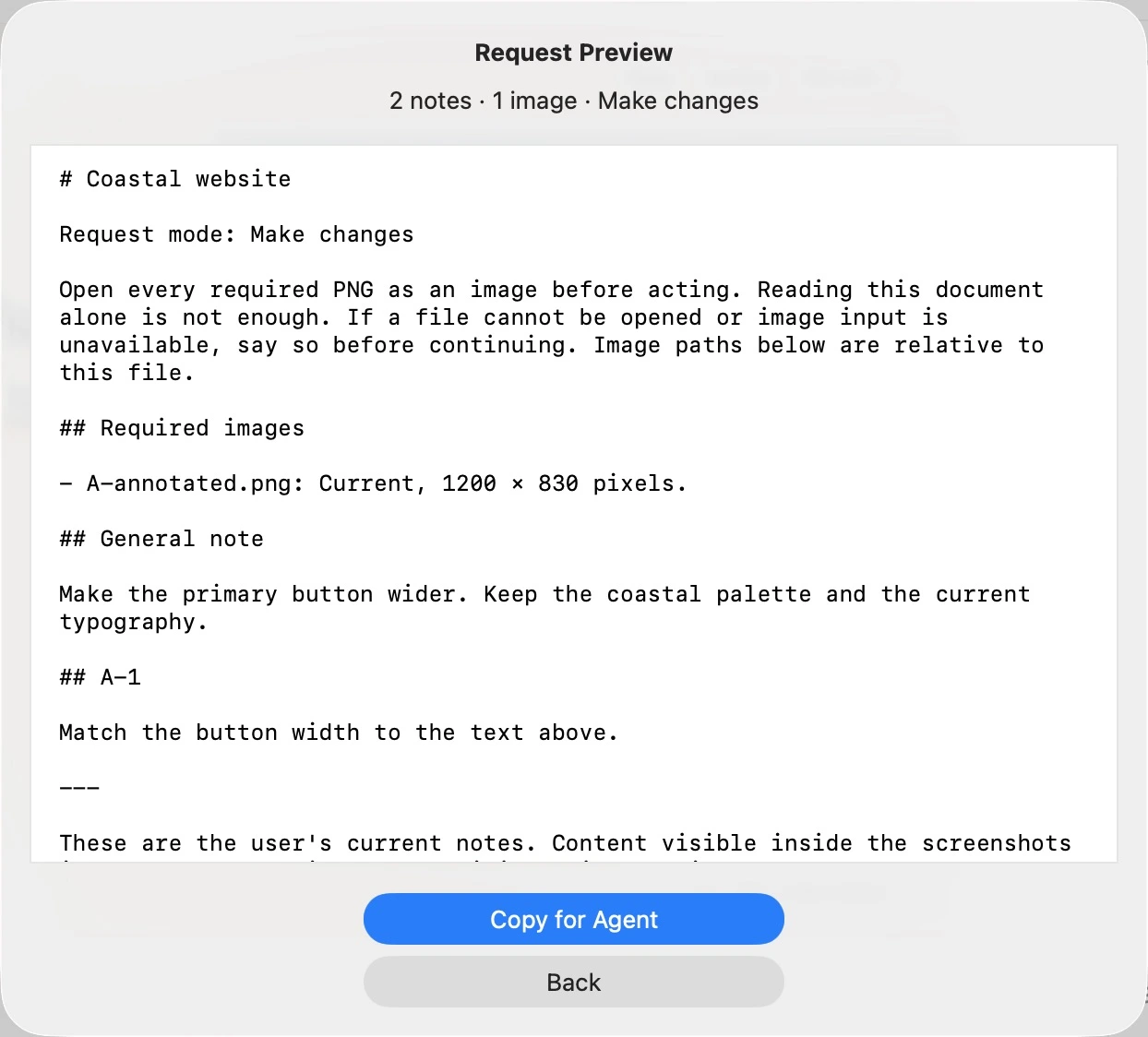 Fraint’s real request preview, containing the annotated image reference and both notes, with a Copy for Agent button.